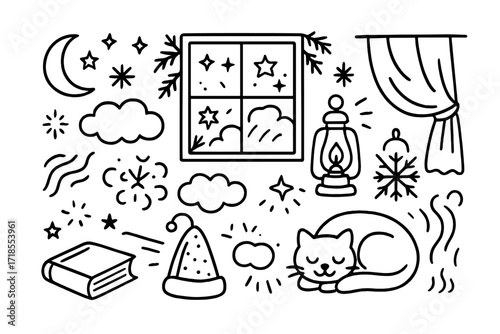 Frosty Night Doodles. Hand-drawn doodle illustration night frost window frozen stars, crescent moon, frosted curtain, glowing lantern, snowflake shadow, foggy