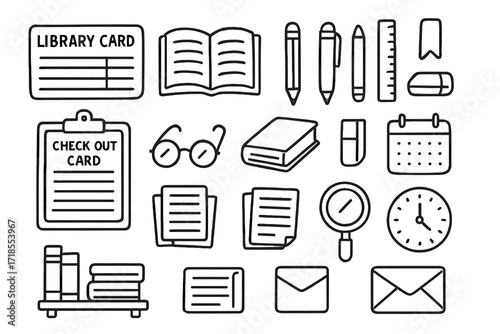 Library Doodle Icons. Hand-drawn doodle illustration School library checkout card library card, open book, closed book, pencil, pen, ruler, eraser, bookmark,