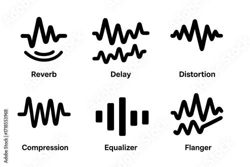 Audio Effects Icons. Solid, filled icon set of waveform effects: reverb, delay, distortion, compression, equalization, chorus, phaser, flanger. Solid, filled
