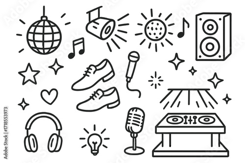 Dance Party Doodles. Hand-drawn doodle illustration Dance floor lights [disco ball, spotlight, strobe light, music note, speaker, star, heart, dancing shoes,