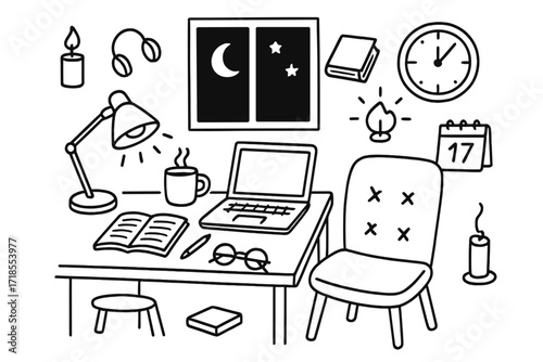 Nighttime Home Office Doodle. Hand-drawn doodle illustration Nighttime home office [desk, night lamp, moon, dark window, coffee mug, laptop, notebook, clock,