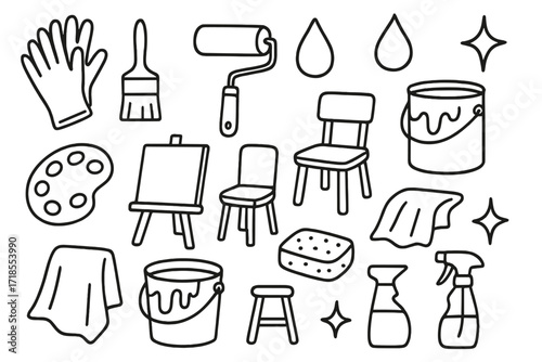Painting Tools Doodle. Hand-drawn doodle illustration Rubber gloves for painting gloves, paintbrush, paint roller, paint can, droplet, spark, palette, easel,