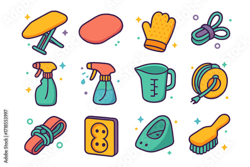 Ironing Accessory Icons. Colorful isometric vector icons set of ironing accessories: ironing board, ironing mat, heat-resistant glove, cord holder clip, steam