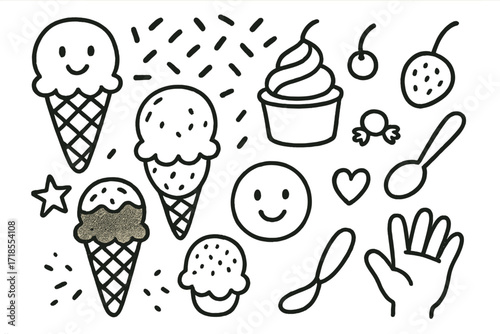 Ice Cream Doodle Parade. Hand-drawn doodle illustration Ice cream flavors celebration [cone, vanilla scoop, chocolate scoop, strawberry scoop, sprinkles,