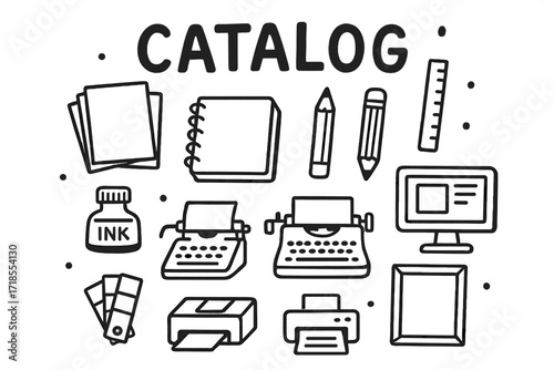 Creative Print Design Icons. Print Design. Hand-drawn doodle illustration catalog cover, sketchbook, pencil, ruler, paper stack, ink bottle, typewriter,