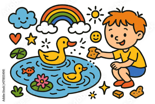 Children Feeding Ducks. Colorful Hand-drawn doodle Children illustration Feeding Ducks at a Pond [duck, pond, bread, child, water ripple, fish, lily pad,