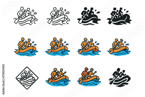 River Rafting Logos. Set Logo of river rafting adventure: splashing river waves. Logo set in vector style, emblematic variations. line, bold thick line, solid