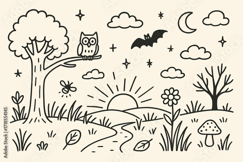 Meadow Dusk Doodles. Hand-drawn doodle illustration [Meadow at dusk] [sunset, firefly, tall grass, flower, owl, tree, bat, mushroom, leaf, moon, cloud, stars,