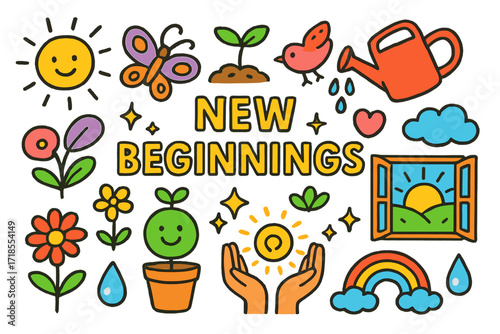 Colorful New Beginnings. Colorful Hand-drawn doodle Children illustration New beginnings sunrise, butterfly, sprouting seed, watering can, smiley plant,