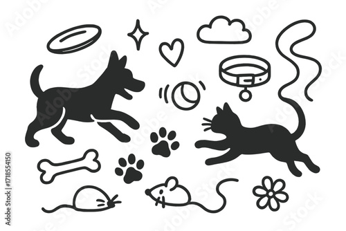 Playful Pet Doodle. Hand-drawn doodle illustration Playful Chase [dog silhouette, cat silhouette, bouncing ball, frisbee, paw prints, bone, whiskers, sparkle,