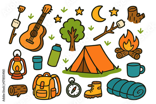 Camping Adventure Doodles. Colorful Hand-drawn doodle Children illustration Camping Trip [tent, campfire, marshmallow on stick, lantern, backpack, water
