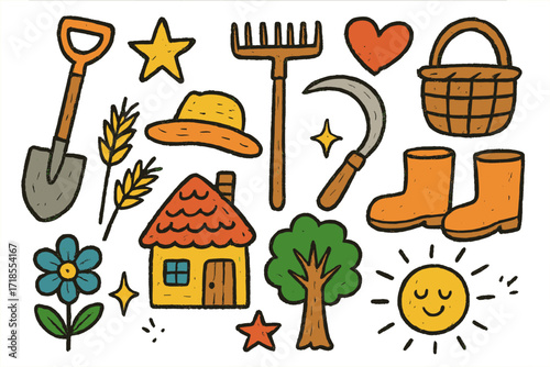 Rustic Garden Doodle. Rustic tools. Colorful Hand-drawn doodle Children illustration shovel, rake, sickle, basket, boots, straw hat, star, heart, sparkle,