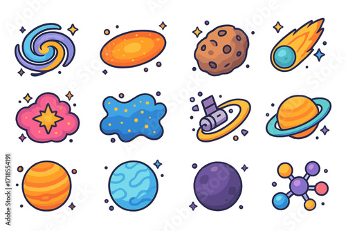 Cosmic Icons Collection. Colorful isometric vector icons set of cosmic objects: spiral galaxy, elliptical galaxy, asteroid, comet, star nursery, cosmic dust