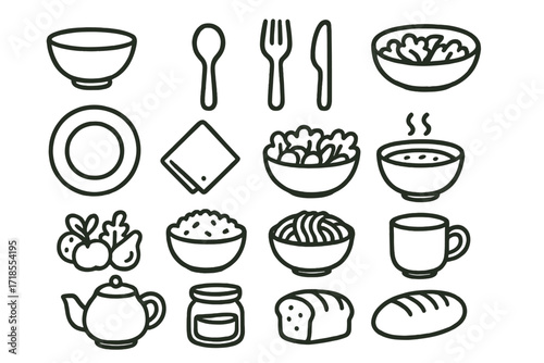 Kitchen Utensils Doodle. Hand-drawn doodle illustration Bowl Spoon, Fork, Knife, Plate, Napkin, Salad, Soup, Fruit, Vegetables, Rice, Noodles, Cup, Teapot,