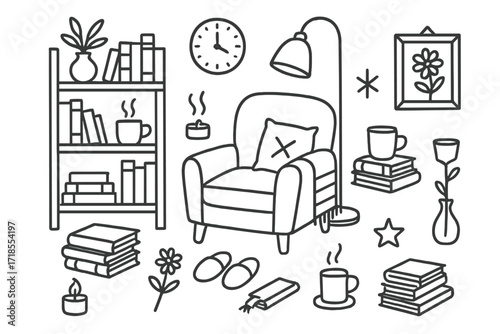 Cozy Reading Nook Doodle. Hand-drawn doodle illustration Cozy reading nook bookshelf [armchair, stacked books, pillow, lamp, mug, blanket, candle, vase, plant,