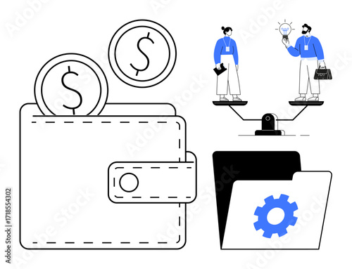 Wallet with coins, business team balancing on scale, and file folder with cogwheel. Ideal for finance, budget planning, business strategy, teamwork, decision-making documents and innovation. Simple