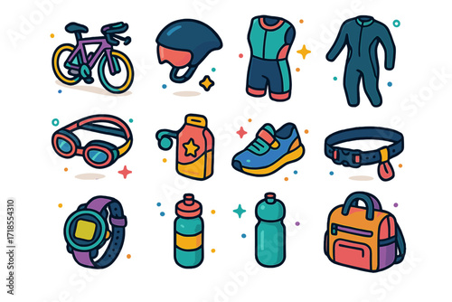 Triathlon Gear Icons. Triathlon Gear. Colorful isometric vector icons set of Triathlon Gear: tri bike, aero helmet, tri suit, swim goggles, wetsuit, running