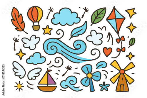 Colorful Air Doodles. Air. Colorful Hand-drawn doodle Children illustration swirl, feather, cloud, balloon, kite, leaf, dandelion seeds, sparkle, star, heart,