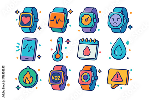 Smartwatch Health Icon Set. Colorful isometric vector icons set of smartwatch health metrics: heart rate icon, ECG reading, stress level, blood pressure,
