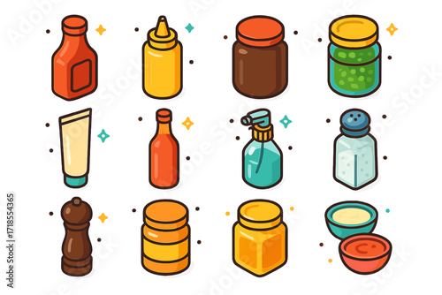 Colorful BBQ Condiments Icons. Colorful isometric vector icons set of BBQ condiments and sauces: ketchup bottle, mustard squeeze, BBQ sauce jar, relish