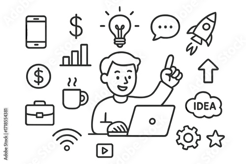 Entrepreneurial Icons Doodle. Hand-drawn doodle illustration entrepreneur in creator economy light bulb, laptop, smartphone, dollar sign, bar chart, rocket,