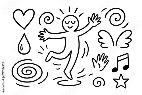 Expressive Dancing Doodle. Hand-drawn doodle illustration expressive movement and emotion heart, swirl, teardrop, open arms, curved lines, eyes closed, dancing