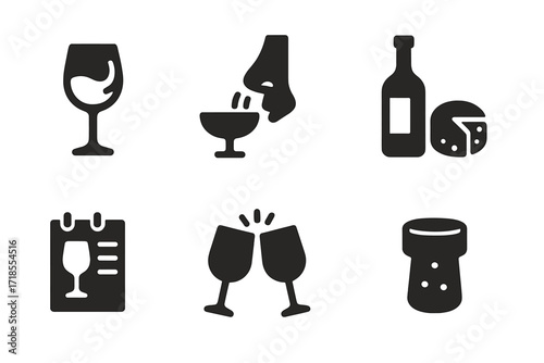 Wine Tasting Icons. Solid, filled icon set of wine tasting: wine glass swirl, nose sniffing, tasting spoon, wine bottle, cheese plate, tasting notes, wine