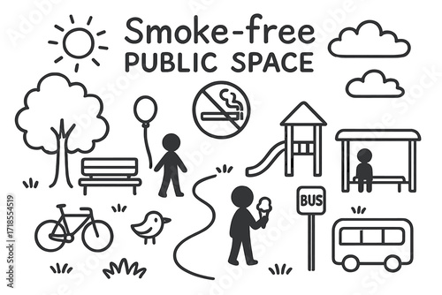 Smoke-Free Community Zone. Hand-drawn doodle illustration Smoke-free public space [park, bench, tree, sun, clouds, playground, bus stop, no smoking sign, path,