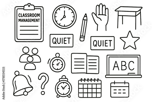 Classroom Management Icons. Hand-drawn doodle illustration Classroom Management clipboard, clock, raised hand, desk, pencil, rule chart, group icon, quiet