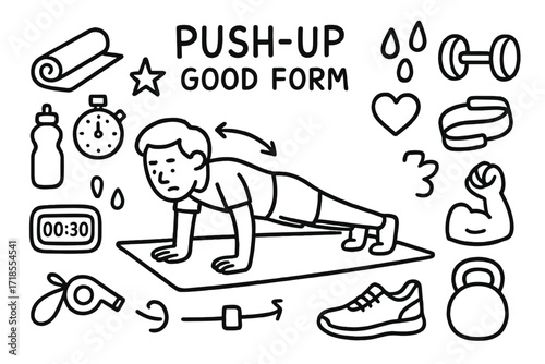 Push-Up Workout Essentials. Hand-drawn doodle illustration Push-up workout good form person doing push-up, yoga mat, stopwatch, water bottle, dumbbell,