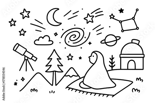 Magical Meteor Shower. Hand-drawn doodle illustration magical meteor shower stars, moon, comet, meteors, galaxy swirl, shooting star, constellation lines,
