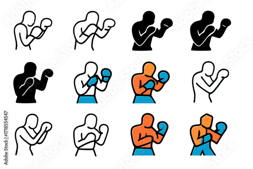 Athlete Logo Variations. Set Logo of Athletes Warming Up: Boxer shadowboxing. Logo set in vector style, emblematic variations. line, bold thick line, solid