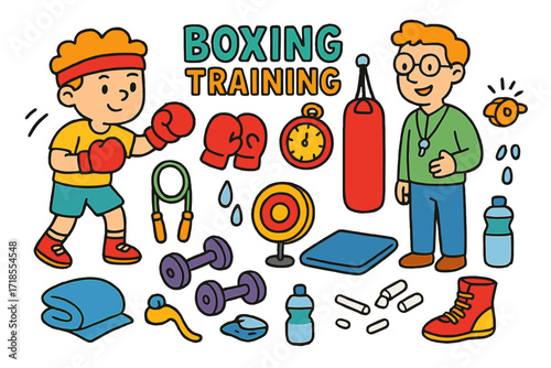 Colorful Boxing Doodle. Colorful Hand-drawn doodle Children illustration Boxing Training punching bag, gloves, timer, whistle, gym mat, dumbbells, sweat drops,
