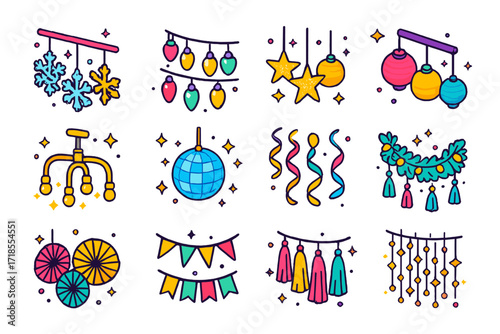 Festive Lighting Icons. Colorful isometric vector icons set of holiday lighting and ceiling decor: hanging snowflakes, string lights, glittery stars, lantern