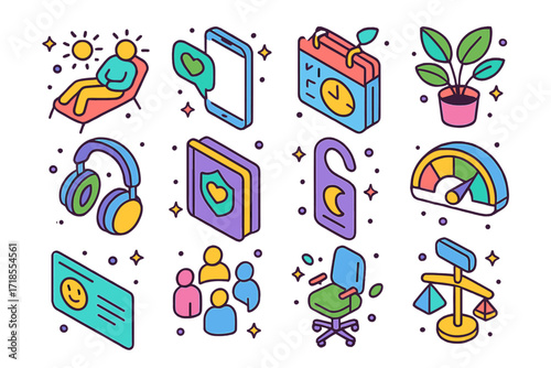 Workplace Wellness Icons. Colorful isometric vector icons set of mental health in the workplace: wellness break icon, virtual support chat, flexible schedule