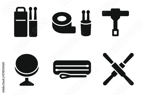 Drumsticks Icon Set. Solid, filled icon set of drumsticks accessories: drumstick bag, grip tape, drumstick holder, drum key, practice pad, drumstick case,