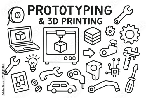 3D Printing Prototyping Icons. Hand-drawn doodle illustration Prototyping with 3D printing 3D printer, prototype model, layered cube, gear, car part, arrow