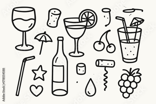Doodle Drink Icons. Hand-drawn doodle illustration Wine glass rim wine glass, champagne flute, cocktail glass, rim garnish, lemon slice, cherry, straw,