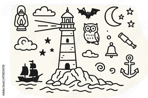 Nighttime Lighthouse Doodle. Hand-drawn doodle illustration lighthouse at night lighthouse, moon, stars, light beam, cloud, owl, bat, ship silhouette, wave,