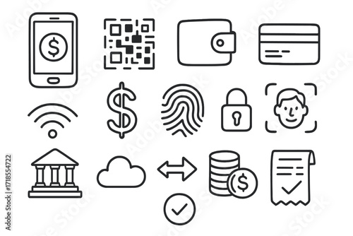 Digital Payment Doodles. Hand-drawn doodle illustration Digital payments and mobile wallets smartphone, QR code, wallet icon, credit card, NFC signal, dollar
