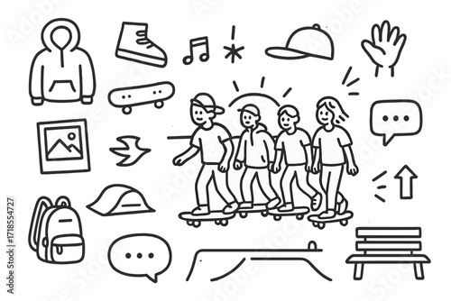 Sunset Skating Crew Icons. Hand-drawn doodle illustration Teen sunset skating crew skateboard, group icon, sunset, hoodie, sneaker, music note, cap, hand wave,