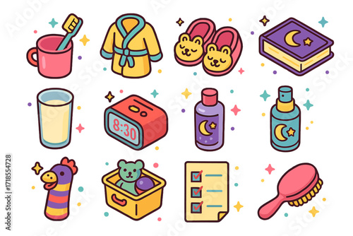 Kid's Night Routine Icons. Colorful isometric vector icons set of night routine items for kids: toothbrush and cup, bathrobe, fuzzy slippers, bedtime book,