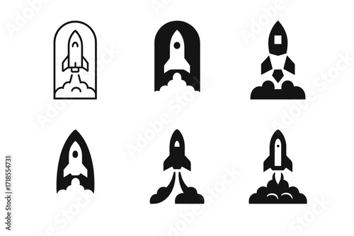 Rocket Logo Variations. Space Exploration. Set Logo of Space Exploration: Rocket launch. harmonious logo variations of the same emblematic concept, each with