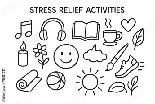 Stress Relief Doodles. Hand-drawn doodle illustration Stress relief activities [music note, headphones, book, teacup, candle, flower, cloud, heart, smiling