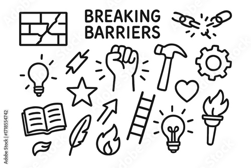 Breaking Barriers Illustration. Hand-drawn doodle illustration Breaking barriers broken chains, wall cracks, fist, hammer, gear, star, arrow, ladder, light
