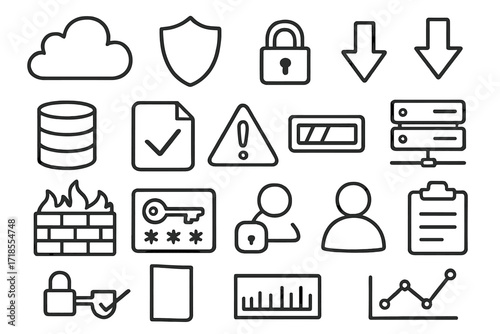 Cybersecurity Doodle Icons. Hand-drawn doodle illustration data checkpoint cloud icon, shield symbol, lock icon, upload arrow, download arrow, database symbol,