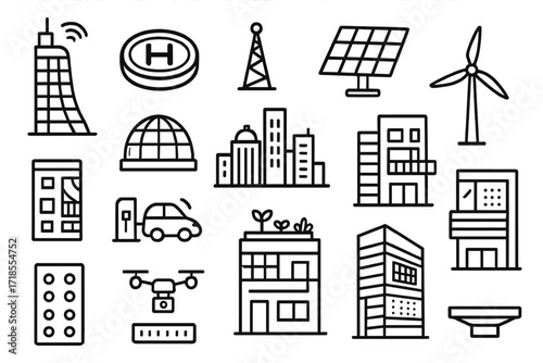 Futuristic Urban Doodle. Hand-drawn doodle illustration Futuristic buildings smart tower, helipad, antenna, solar panel, glass dome, city skyline, wind