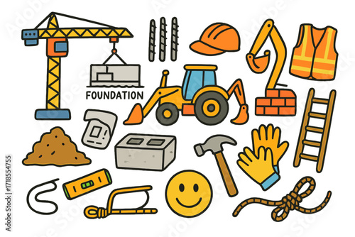 Construction Site Doodles. Colorful Hand-drawn doodle Children illustration Foundation building site crane, backhoe, rebar, hard hat, blueprint, safety vest,