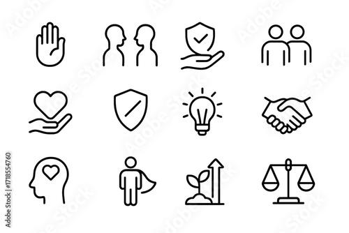 Core Values Icons. Core values. Line icon set of core values: honesty, respect, responsibility, teamwork, kindness, integrity, innovation, trust, empathy,