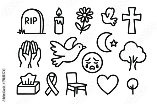 Funeral Doodle Symbols. Hand-drawn doodle illustration funeral tombstone, candle, flower, cross, dove, hands, tear, crying face, moon, star, tissue, ribbon,